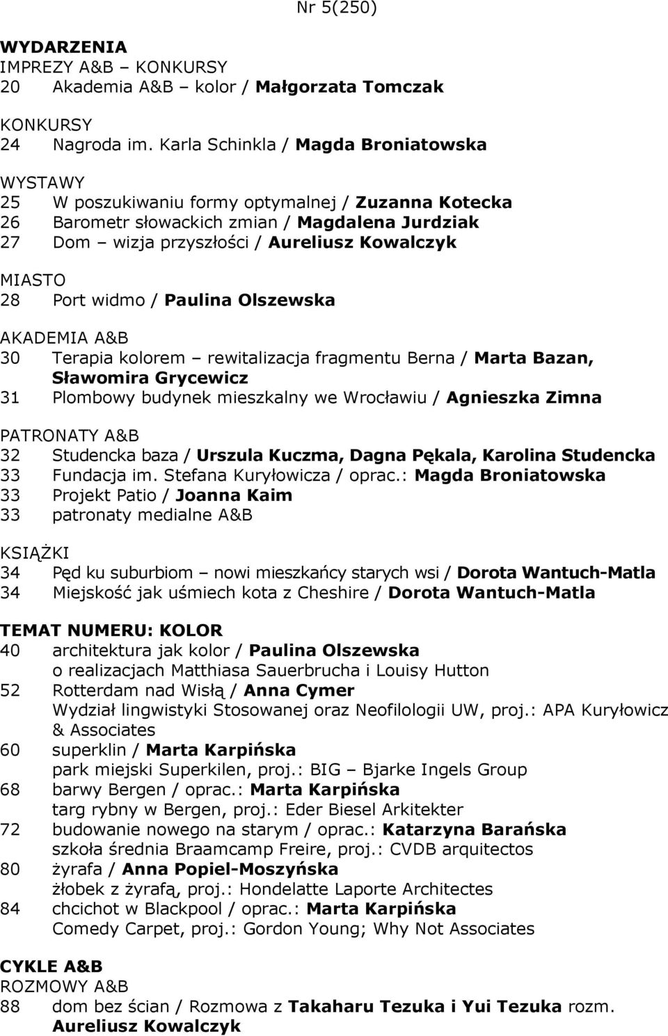 / Paulina Olszewska 30 Terapia kolorem rewitalizacja fragmentu Berna / Marta Bazan, Sławomira Grycewicz 31 Plombowy budynek mieszkalny we Wrocławiu / Agnieszka Zimna 32 Studencka baza / Urszula