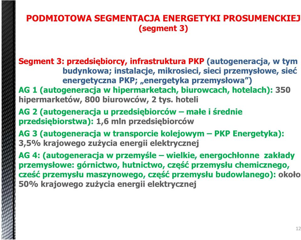 hoteli AG 2 (autogeneracja u przedsiębiorców małe i średnie przedsiębiorstwa): 1,6 mln przedsiębiorców AG 3 (autogeneracja w transporcie kolejowym PKP Energetyka): 3,5% krajowego zużycia energii