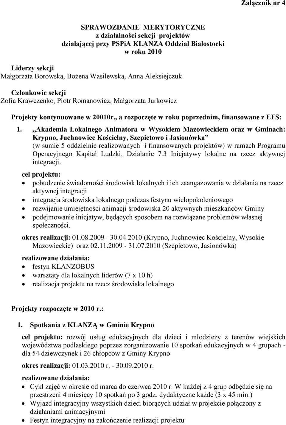 Akademia Lokalnego Animatora w Wysokiem Mazowieckiem oraz w Gminach: Krypno, Juchnowiec Kościelny, Szepietowo i Jasionówka (w sumie 5 oddzielnie realizowanych i finansowanych projektów) w ramach