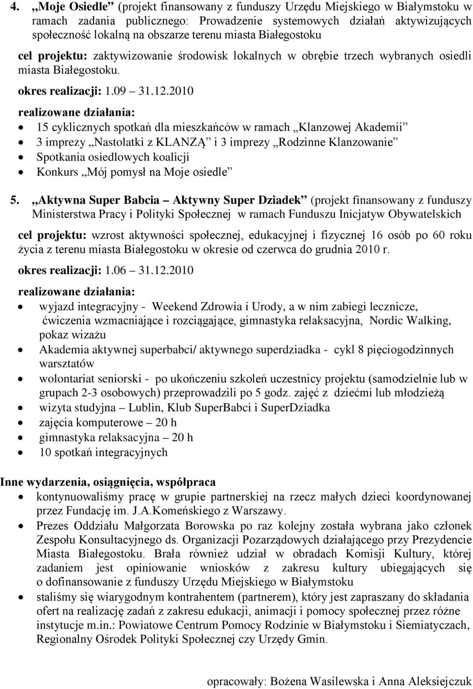 2010 realizowane działania: 15 cyklicznych spotkań dla mieszkańców w ramach Klanzowej Akademii 3 imprezy Nastolatki z KLANZĄ i 3 imprezy Rodzinne Klanzowanie Spotkania osiedlowych koalicji Konkurs