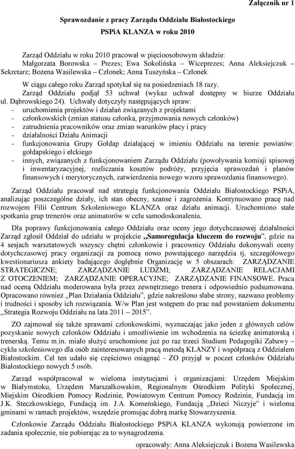 Zarząd Oddziału podjął 53 uchwał (wykaz uchwał dostępny w biurze Oddziału ul. Dąbrowskiego 24).