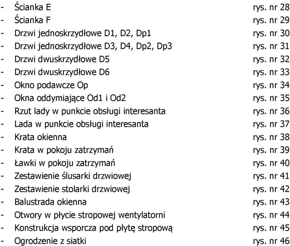 nr 36 - Lada w punkcie obsługi interesanta rys. nr 37 - Krata okienna rys. nr 38 - Krata w pokoju zatrzymań rys. nr 39 - Ławki w pokoju zatrzymań rys.