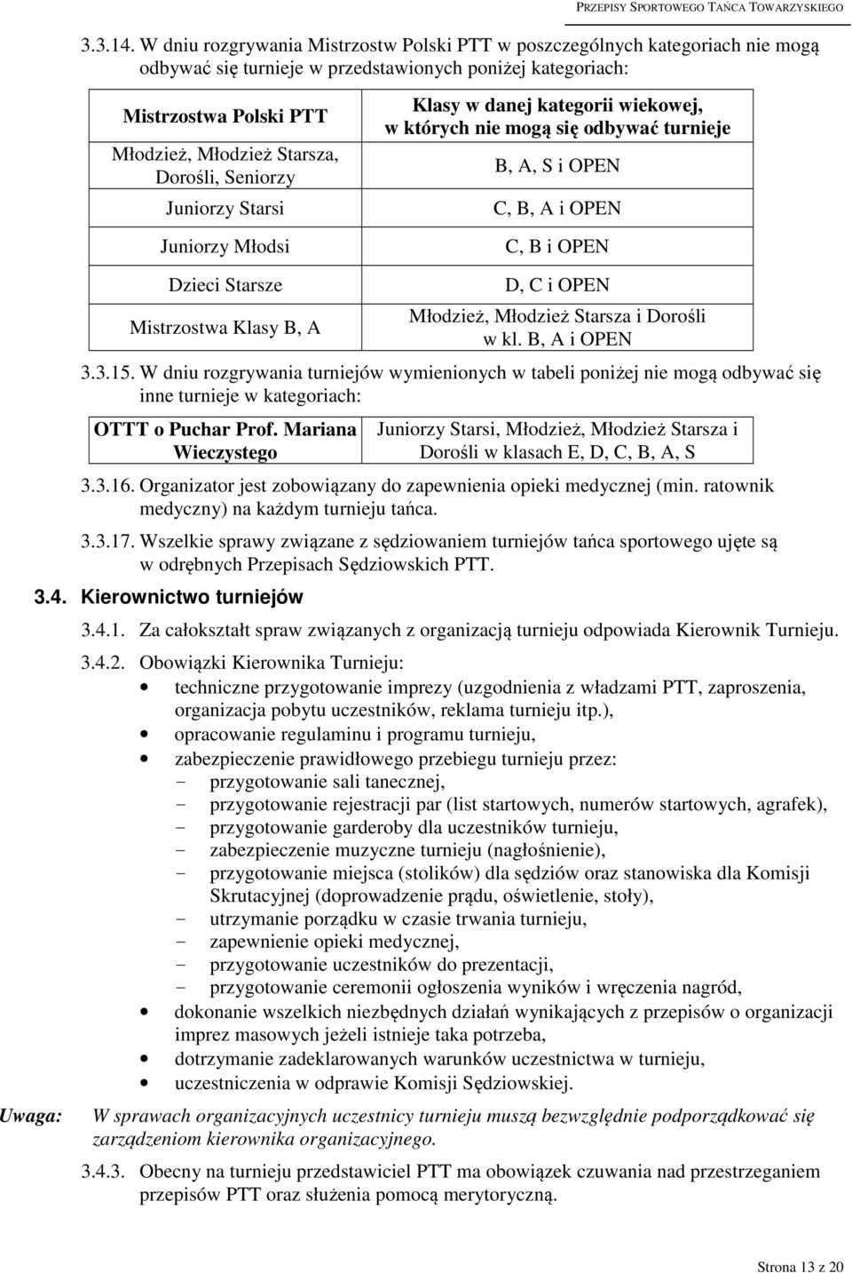 Seniorzy Juniorzy Starsi Juniorzy Młodsi Klasy w danej kategorii wiekowej, w których nie mogą się odbywać turnieje B, A, S i OPEN C, B, A i OPEN C, B i OPEN Uwaga: Dzieci Starsze Mistrzostwa Klasy B,