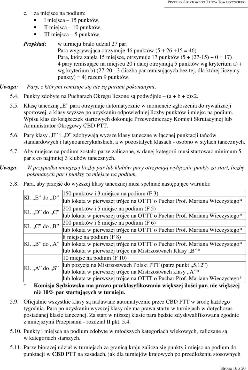 kryterium a) + wg kryterium b) (27-20 - 3 (liczba par remisujących bez tej, dla której liczymy punkty) = 4) razem 9 punktów. Pary, z którymi remisuje się nie są parami pokonanymi. 5.4. Punkty zdobyte na Pucharach Okręgu liczone są podwójnie (a + b + c)x2.