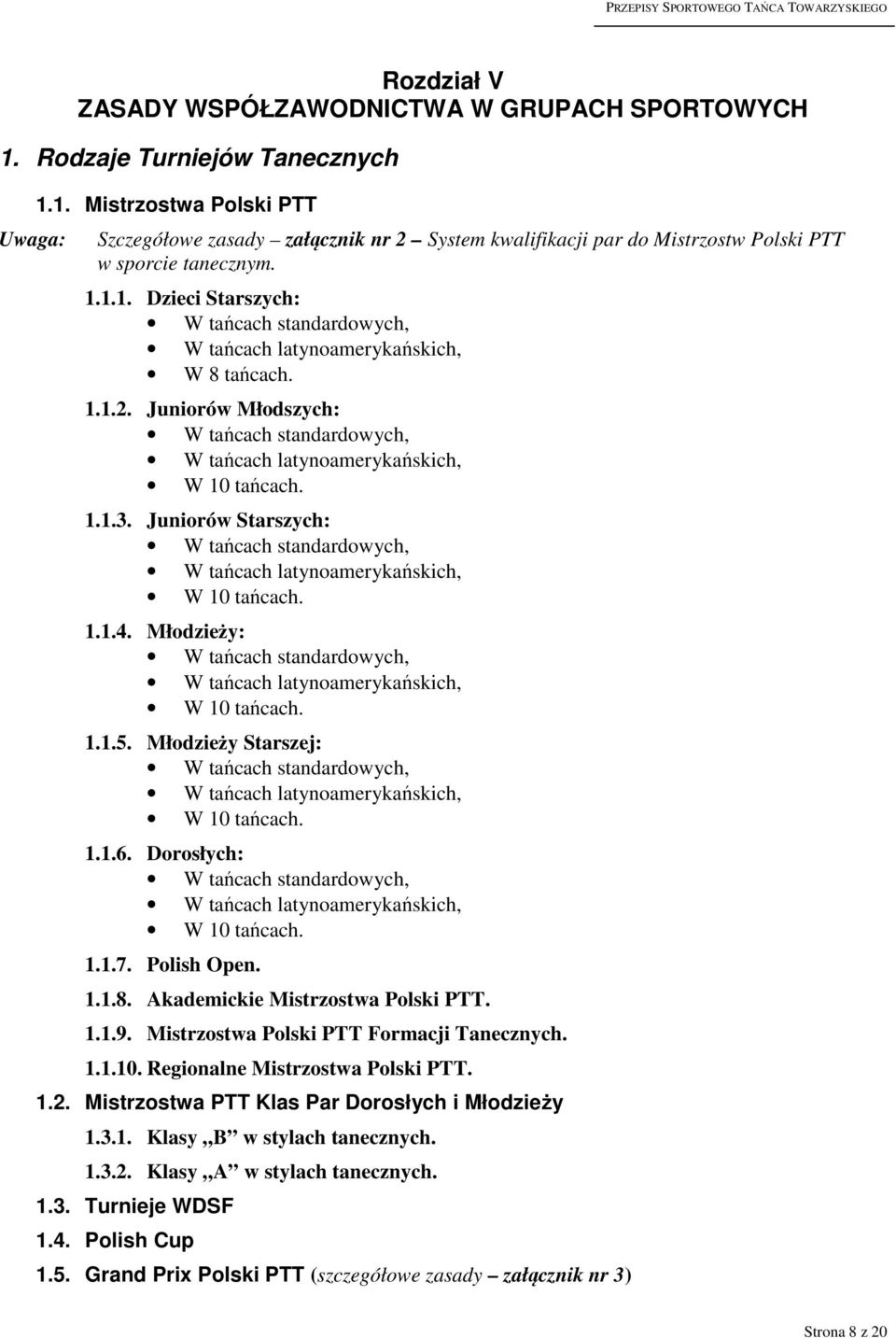 Juniorów Starszych: W tańcach standardowych, W tańcach latynoamerykańskich, W 10 tańcach. 1.1.4. Młodzieży: W tańcach standardowych, W tańcach latynoamerykańskich, W 10 tańcach. 1.1.5.