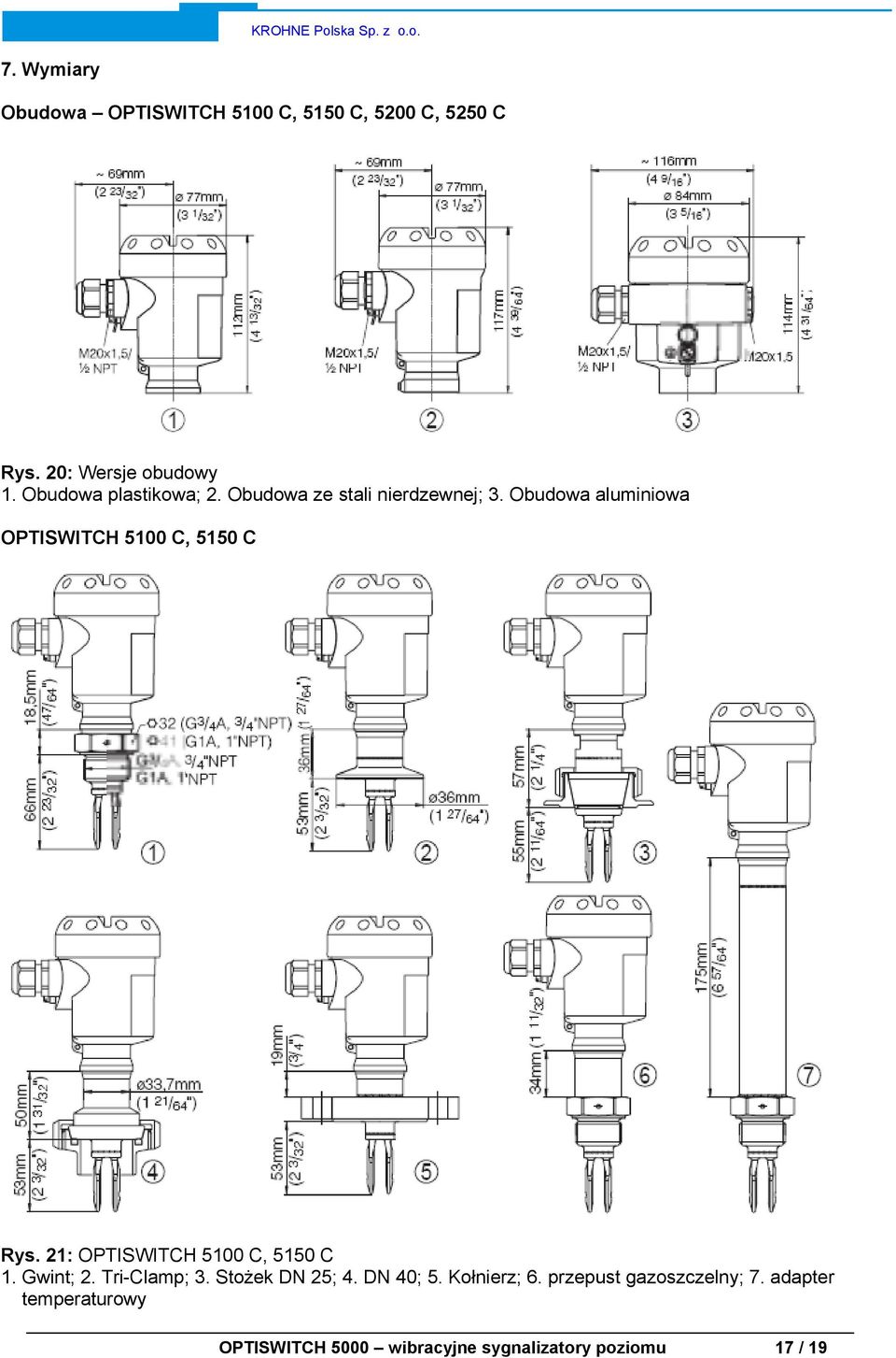 Obudowa aluminiowa OPTISWITCH 5100 C, 5150 C Rys. 21: OPTISWITCH 5100 C, 5150 C 1. Gwint; 2.