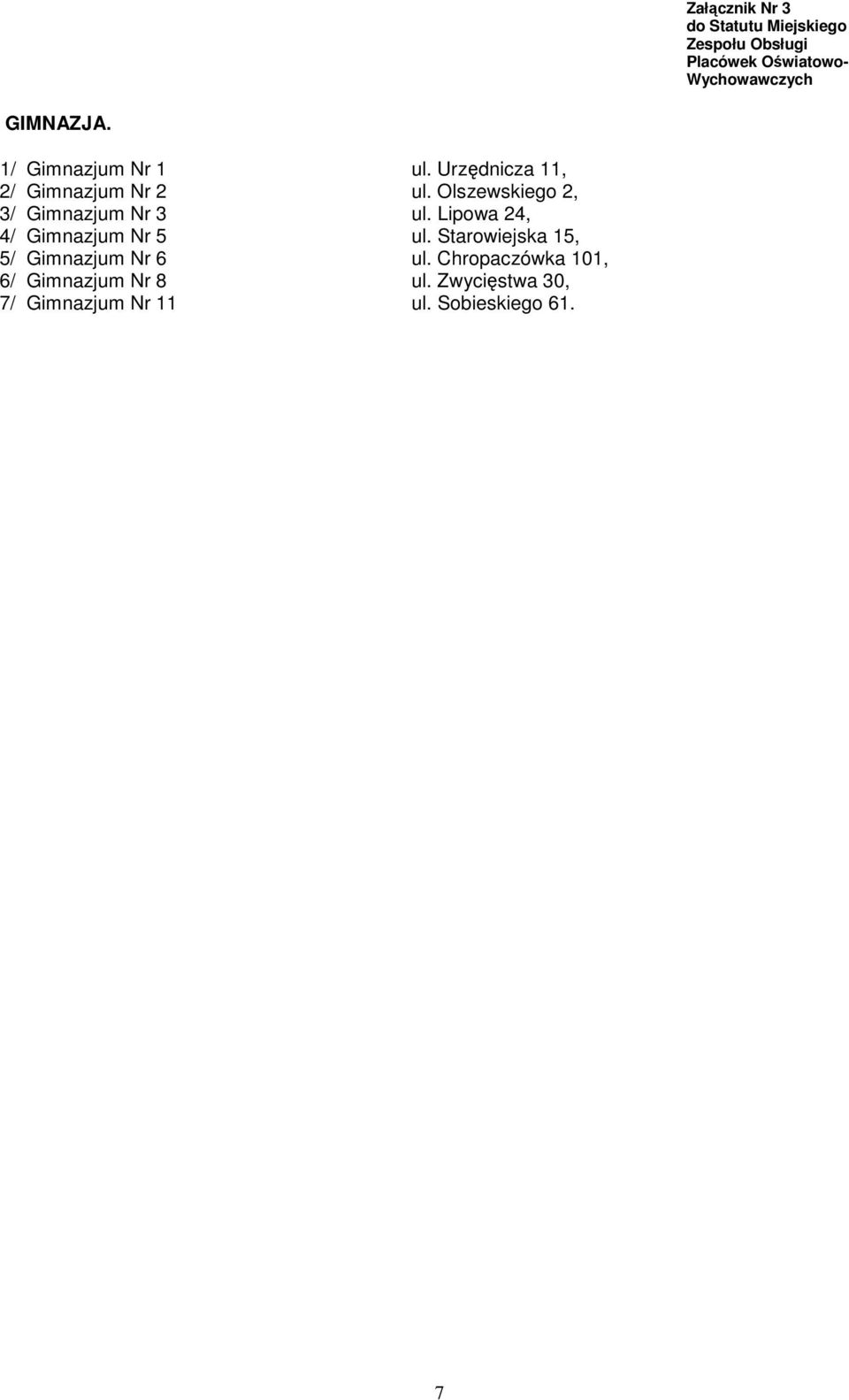Olszewskiego 2, 3/ Gimnazjum Nr 3 ul. Lipowa 24, 4/ Gimnazjum Nr 5 ul.