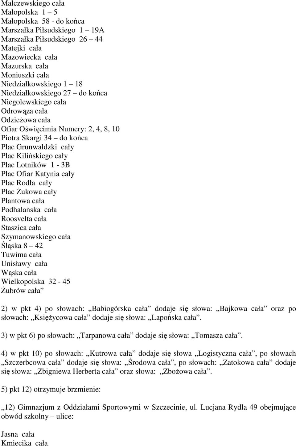 1-3B Plac Ofiar Katynia cały Plac Rodła cały Plac śukowa cały Plantowa cała Podhalańska cała Roosvelta cała Staszica cała Szymanowskiego cała Śląska 8 42 Tuwima cała Unisławy cała Wąska cała