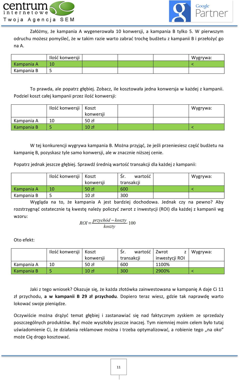 Podziel koszt całej kampanii przez ilość konwersji: Ilość konwersji Koszt Wygrywa: konwersji Kampania A 10 50 zł Kampania B 5 10 zł < W tej konkurencji wygrywa kampania B.