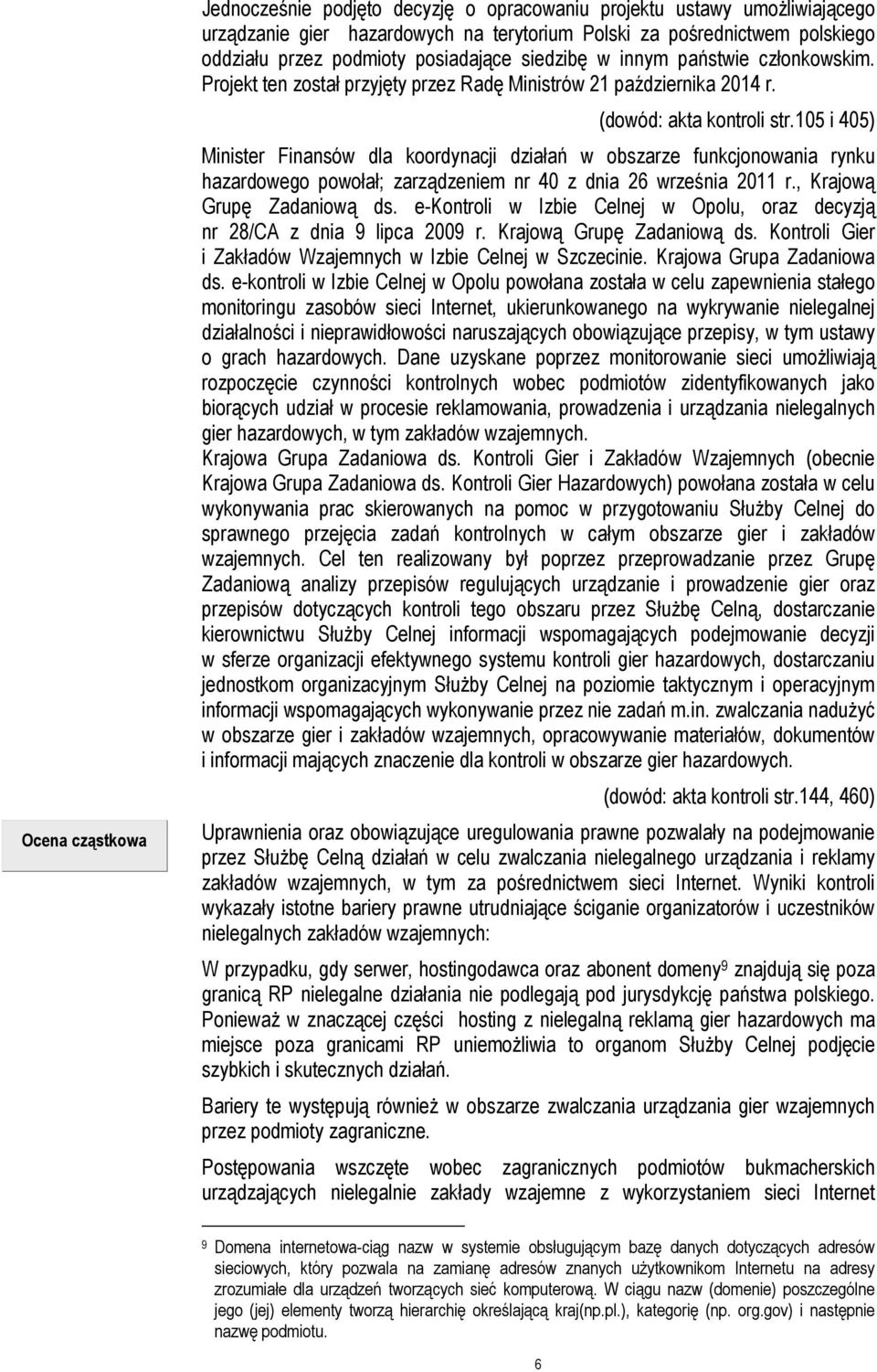 105 i 405) Minister Finansów dla koordynacji działań w obszarze funkcjonowania rynku hazardowego powołał; zarządzeniem nr 40 z dnia 26 września 2011 r., Krajową Grupę Zadaniową ds.