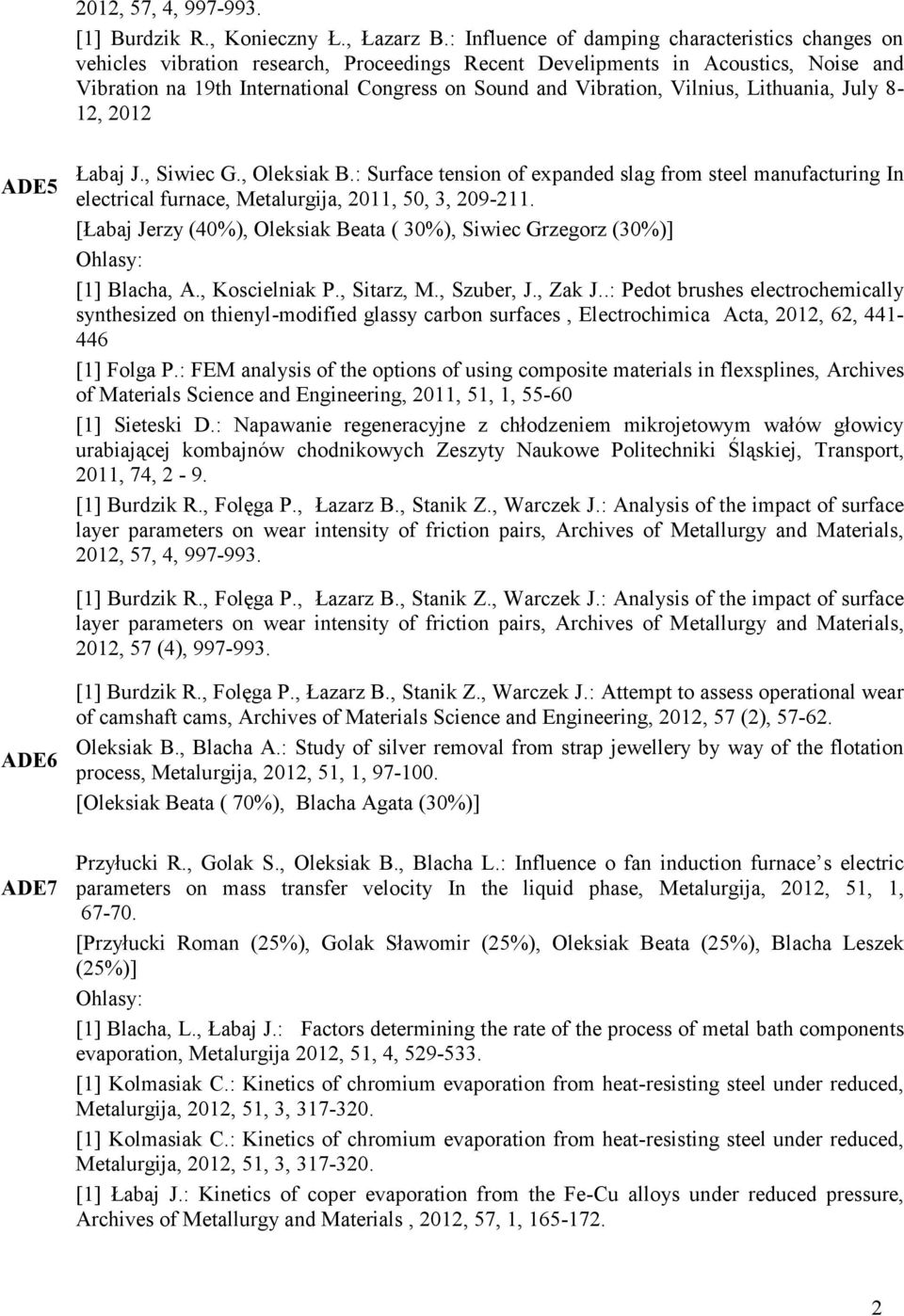 Vilnius, Lithuania, July 8-12, 2012 ADE5 Łabaj J., Siwiec G., Oleksiak B.: Surface tension of expanded slag from steel manufacturing In electrical furnace, Metalurgija, 2011, 50, 3, 209-211.