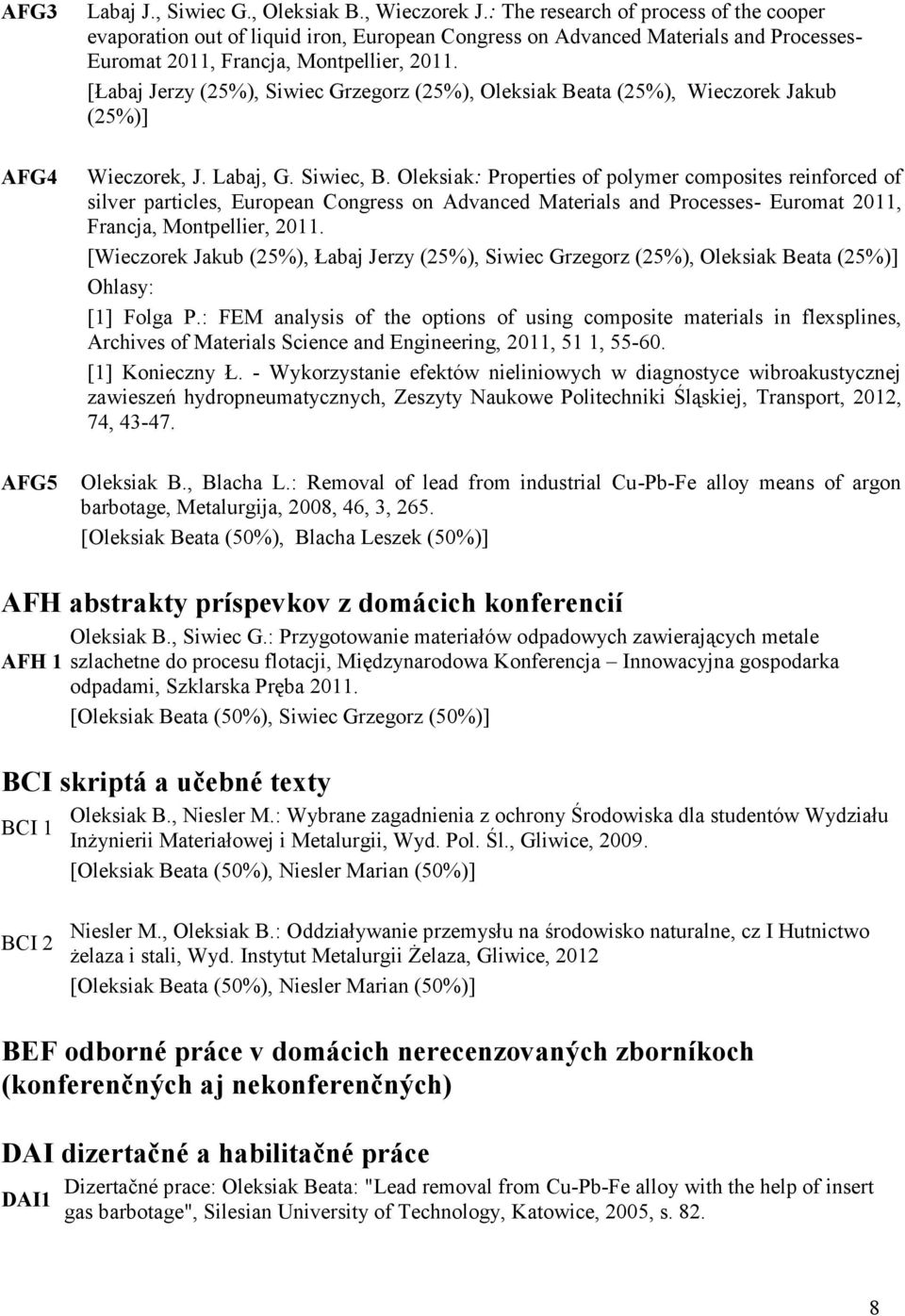 [Łabaj Jerzy (25%), Siwiec Grzegorz (25%), Oleksiak Beata (25%), Wieczorek Jakub Wieczorek, J. Labaj, G. Siwiec, B.