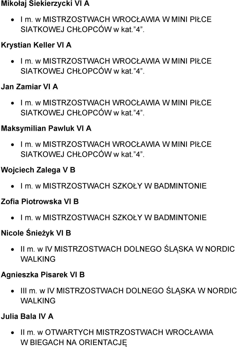 w MISTRZOSTWACH SZKOŁY W BADMINTONIE Nicole Śnieżyk VI B II m.