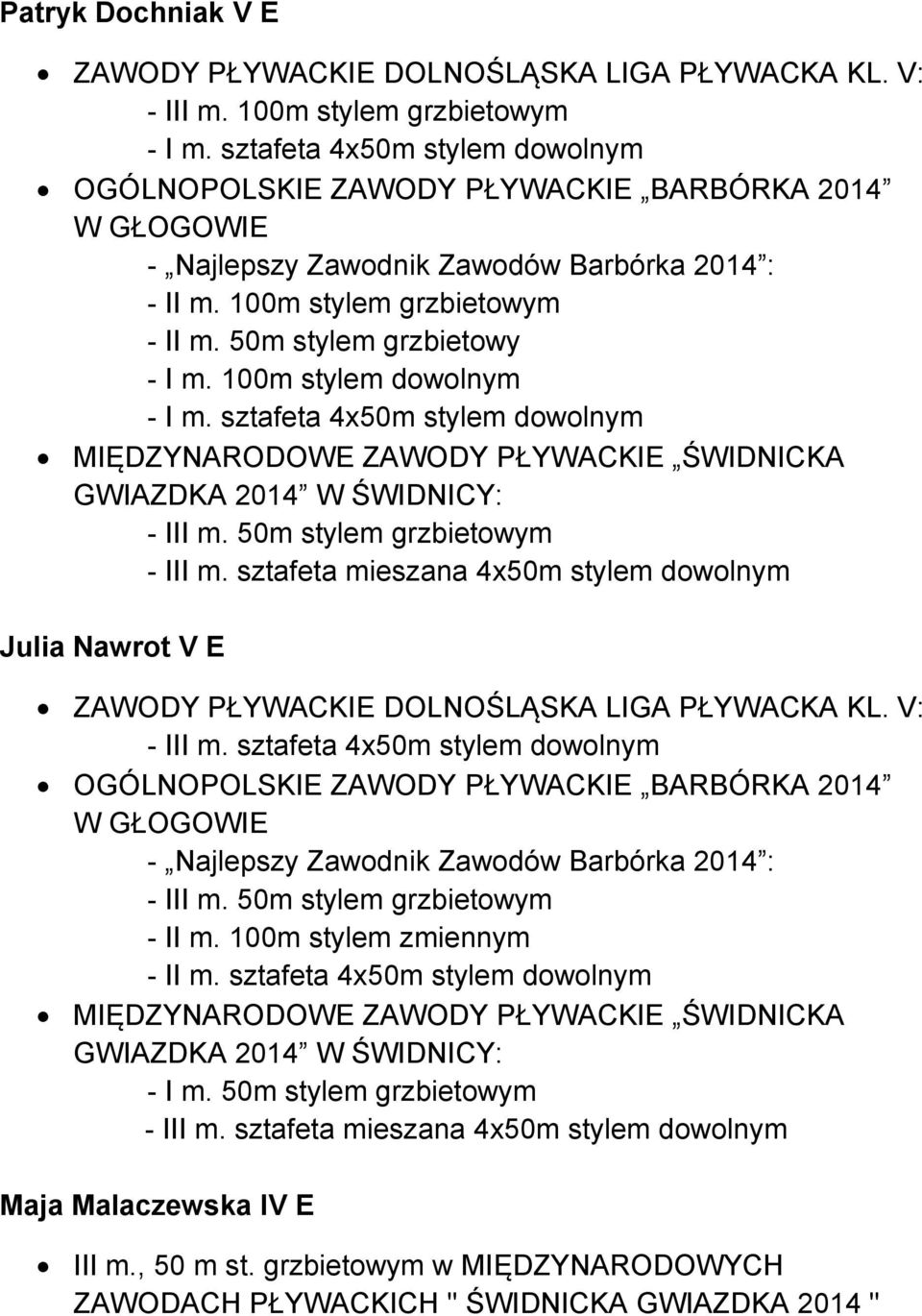 100m stylem dowolnym - I m. sztafeta 4x50m stylem dowolnym MIĘDZYNARODOWE ZAWODY PŁYWACKIE ŚWIDNICKA GWIAZDKA 2014 W ŚWIDNICY: - III m. 50m stylem grzbietowym - III m.