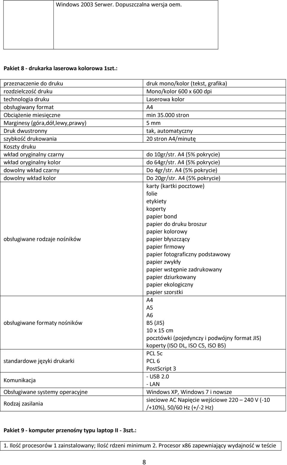 oryginalny czarny wkład oryginalny kolor dowolny wkład czarny dowolny wkład kolor obsługiwane rodzaje nośników obsługiwane formaty nośników standardowe języki drukarki Komunikacja Obsługiwane systemy