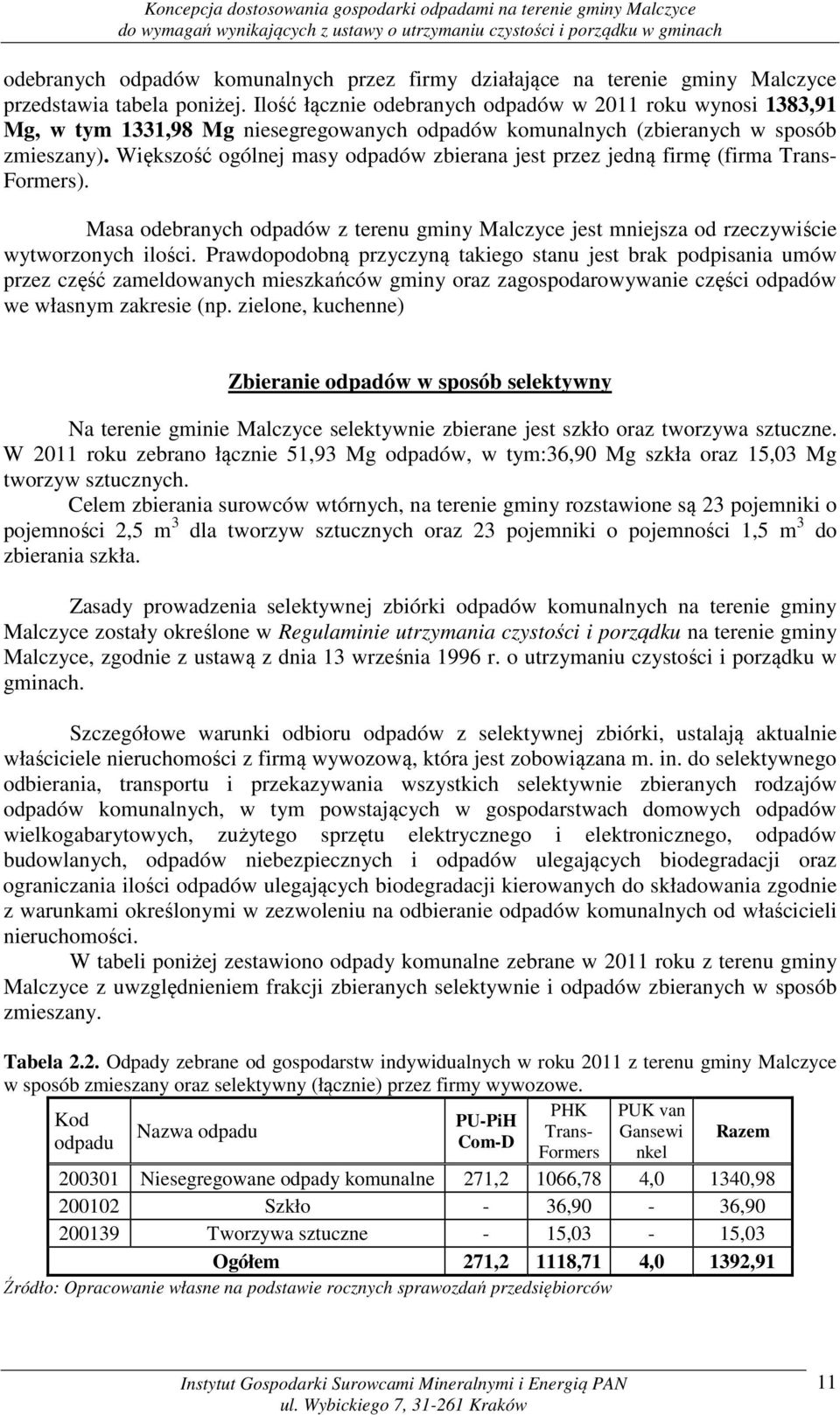 Większość ogólnej masy odpadów zbierana jest przez jedną firmę (firma Trans- Formers). Masa odebranych odpadów z terenu gminy Malczyce jest mniejsza od rzeczywiście wytworzonych ilości.