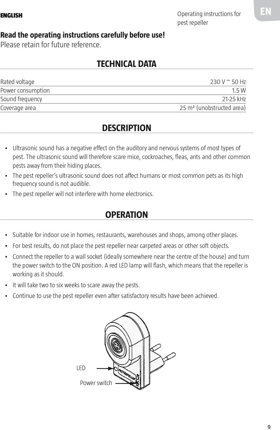 5 W 21-25 khz 25 m² (unobstructed area) EN Ultrasonic sound has a negative effect on the auditory and nervous systems of most types of pest.