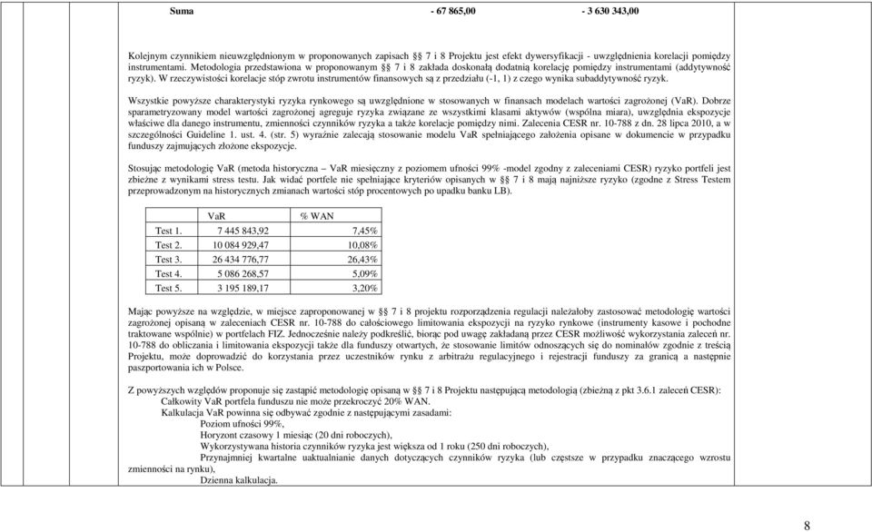 W rzeczywistości korelacje stóp zwrotu instrumentów finansowych są z przedziału (-1, 1) z czego wynika subaddytywność ryzyk.