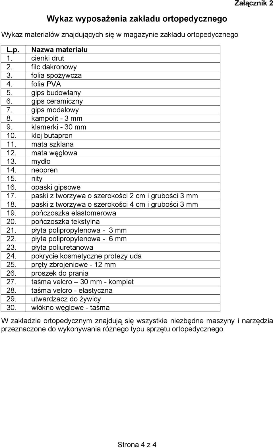 opaski gipsowe 17. paski z tworzywa o szerokości 2 cm i grubości 3 mm 18. paski z tworzywa o szerokości 4 cm i grubości 3 mm 19. pończoszka elastomerowa 20. pończoszka tekstylna 21.