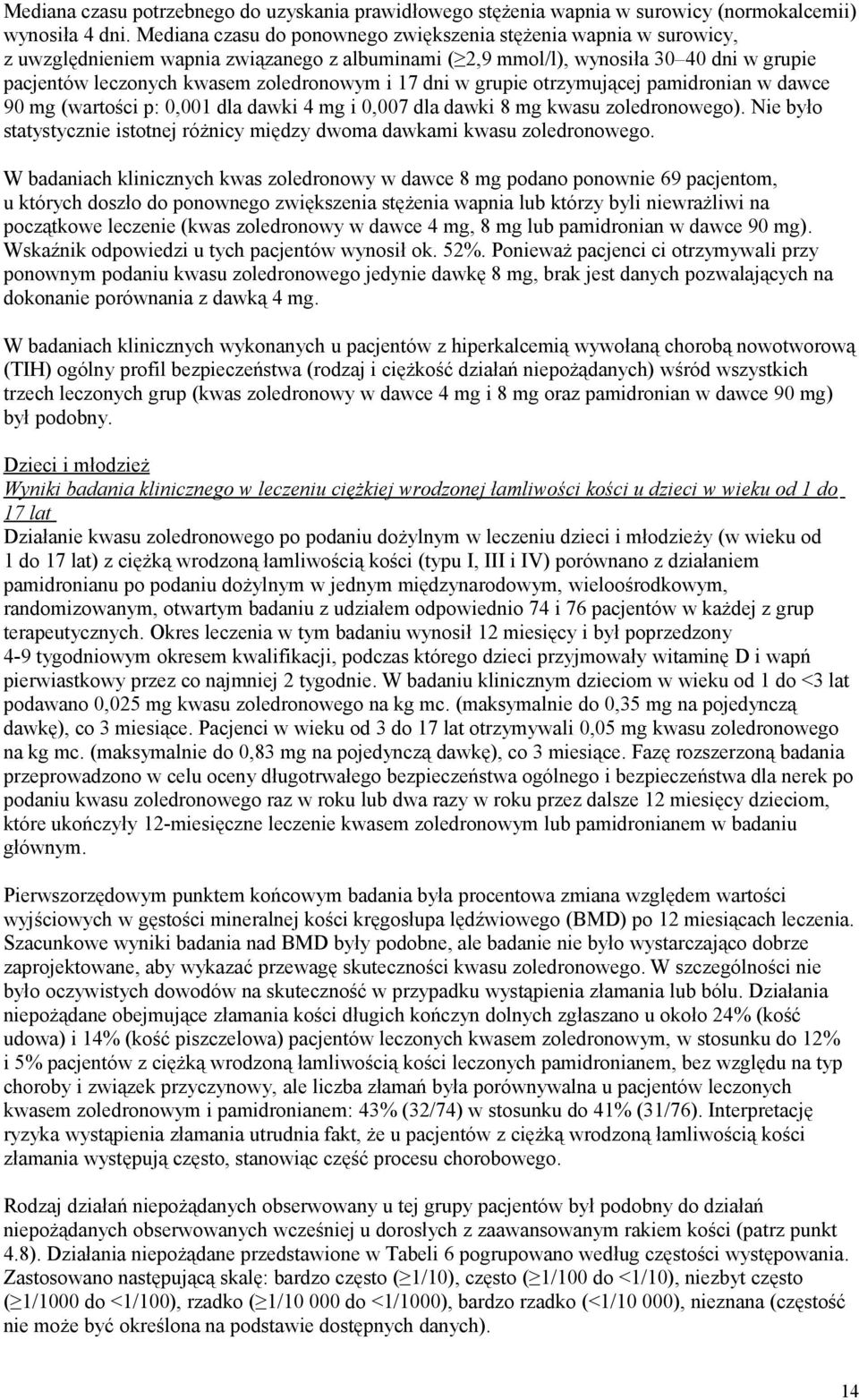 17 dni w grupie otrzymującej pamidronian w dawce 90 mg (wartości p: 0,001 dla dawki 4 mg i 0,007 dla dawki 8 mg kwasu zoledronowego).