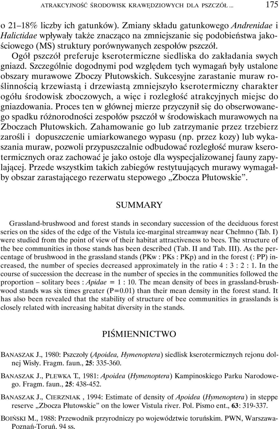 Ogół pszczół preferuje kserotermiczne siedliska do zakładania swych gniazd. Szczególnie dogodnymi pod względem tych wymagań były ustalone obszary murawowe Zboczy Płutowskich.