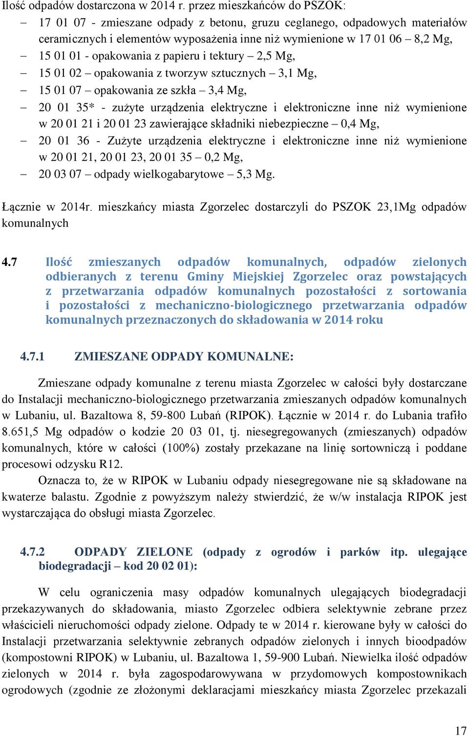 opakowania z papieru i tektury 2,5 Mg, 15 01 02 opakowania z tworzyw sztucznych 3,1 Mg, 15 01 07 opakowania ze szkła 3,4 Mg, 20 01 35* - zużyte urządzenia elektryczne i elektroniczne inne niż