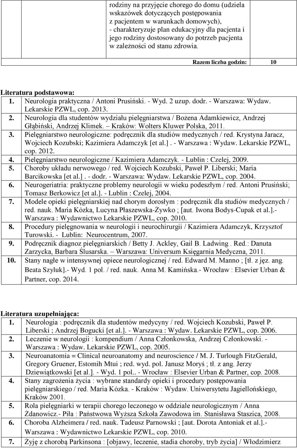 . Neurologia dla studentów wydziału pielęgniarstwa / Bożena Adamkiewicz, Andrzej Głąbiński, Andrzej Klimek. Kraków: Wolters Kluwer Polska, 01 3.