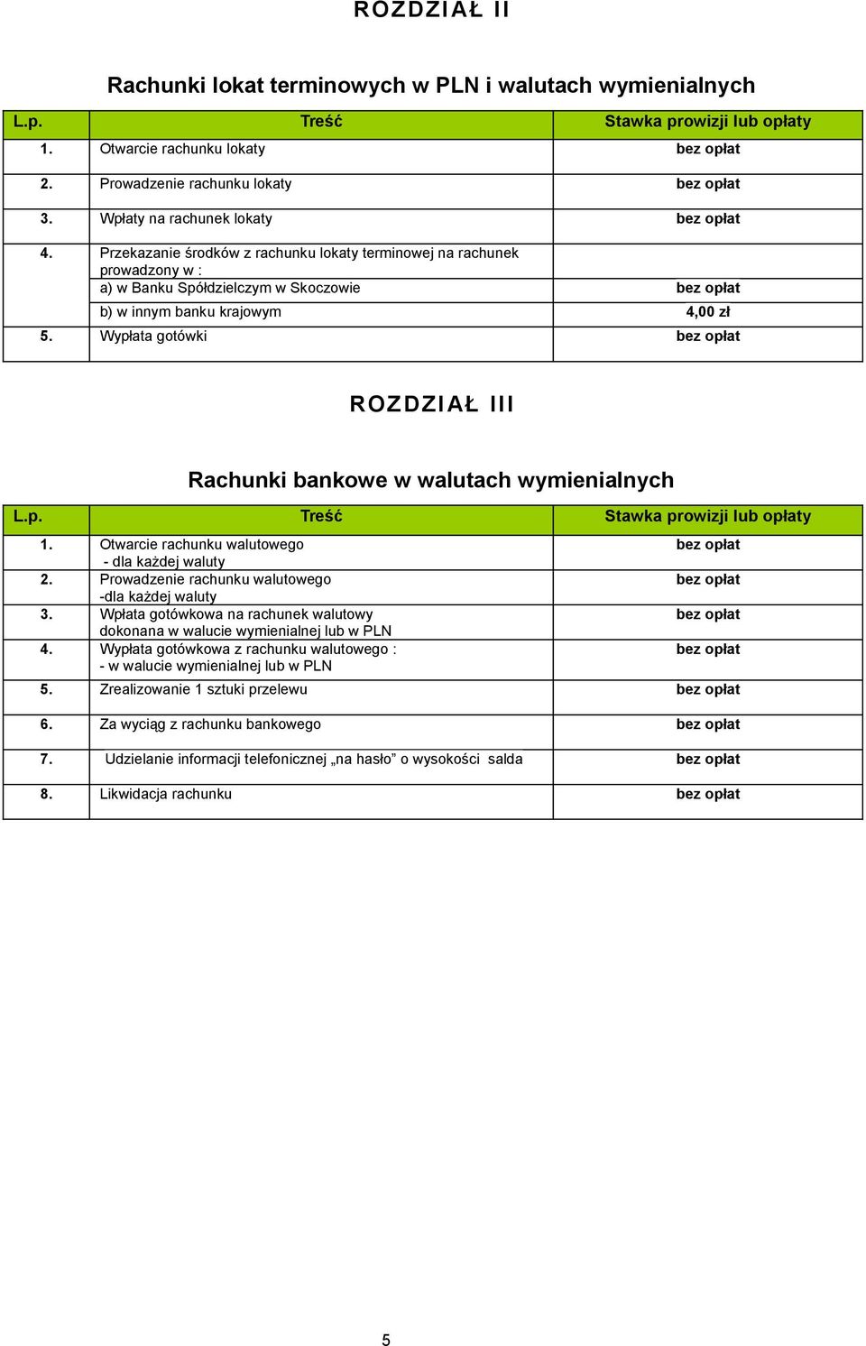 Wypłata gotówki ROZDZI AŁ III Rachunki bankowe w walutach wymienialnych 1. Otwarcie rachunku walutowego - dla każdej waluty 2. Prowadzenie rachunku walutowego -dla każdej waluty 3.