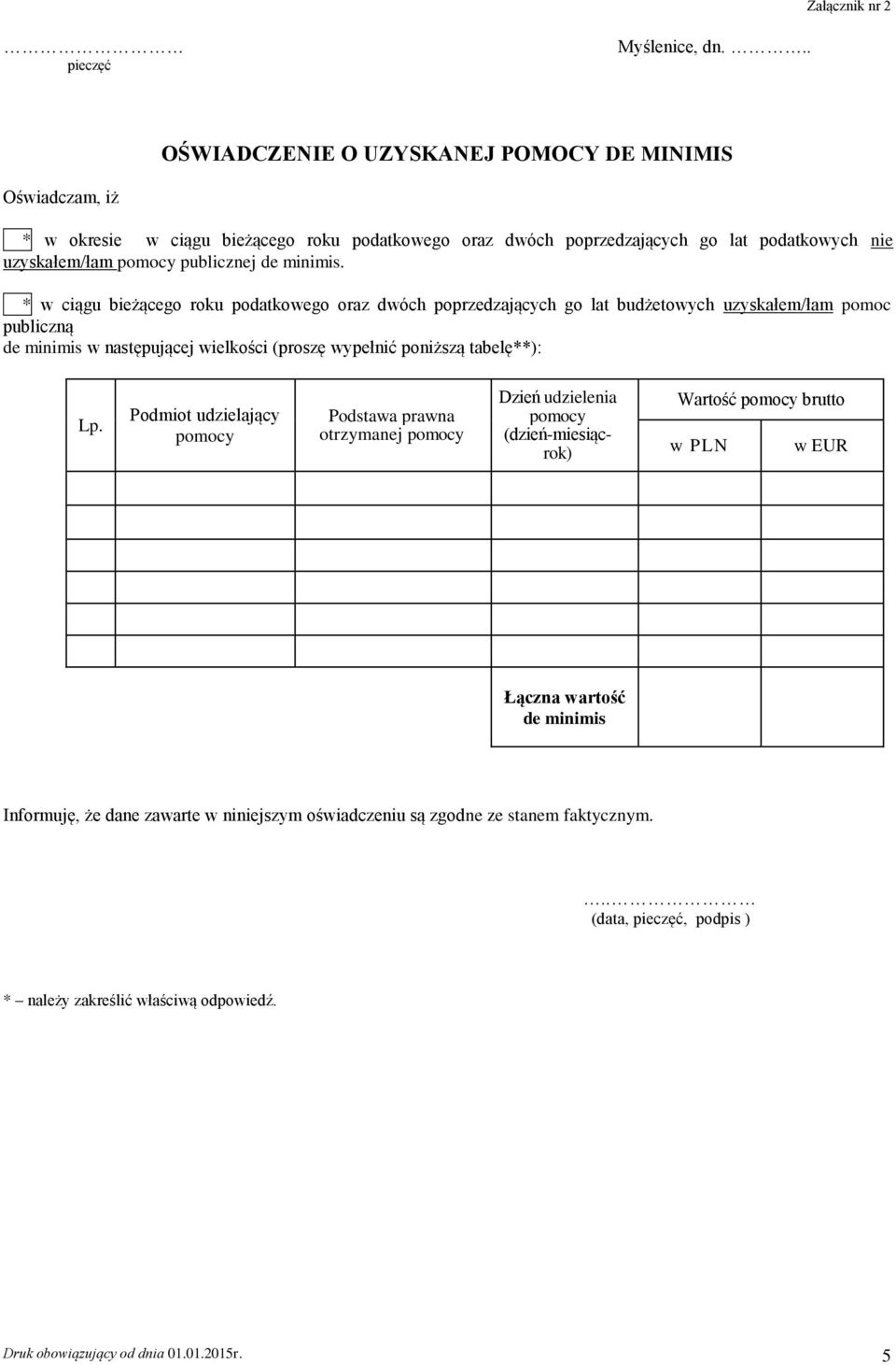 (proszę wypełnić poniższą tabelę**): Lp Podmiot udzielający pomocy Podstawa prawna otrzymanej pomocy Dzień udzielenia pomocy (dzień-miesiącrok) Wartość pomocy brutto w PLN w EUR Łączna wartość