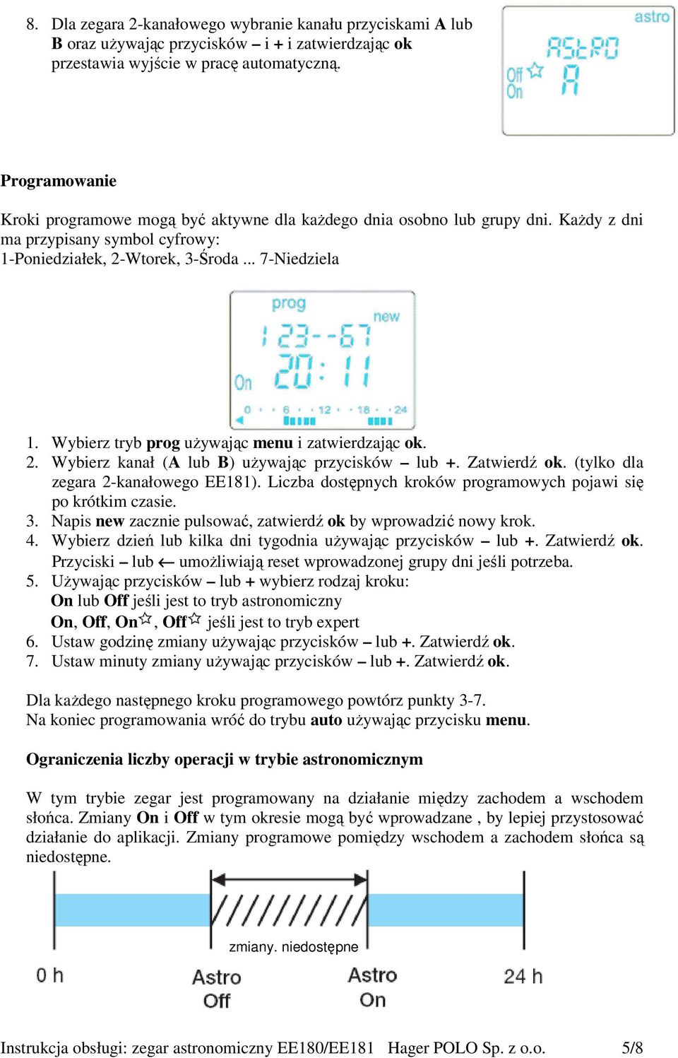 Wybierz tryb prog używając menu i zatwierdzając ok. 2. Wybierz kanał (A lub B) używając przycisków lub +. Zatwierdź ok. (tylko dla zegara 2-kanałowego EE181).