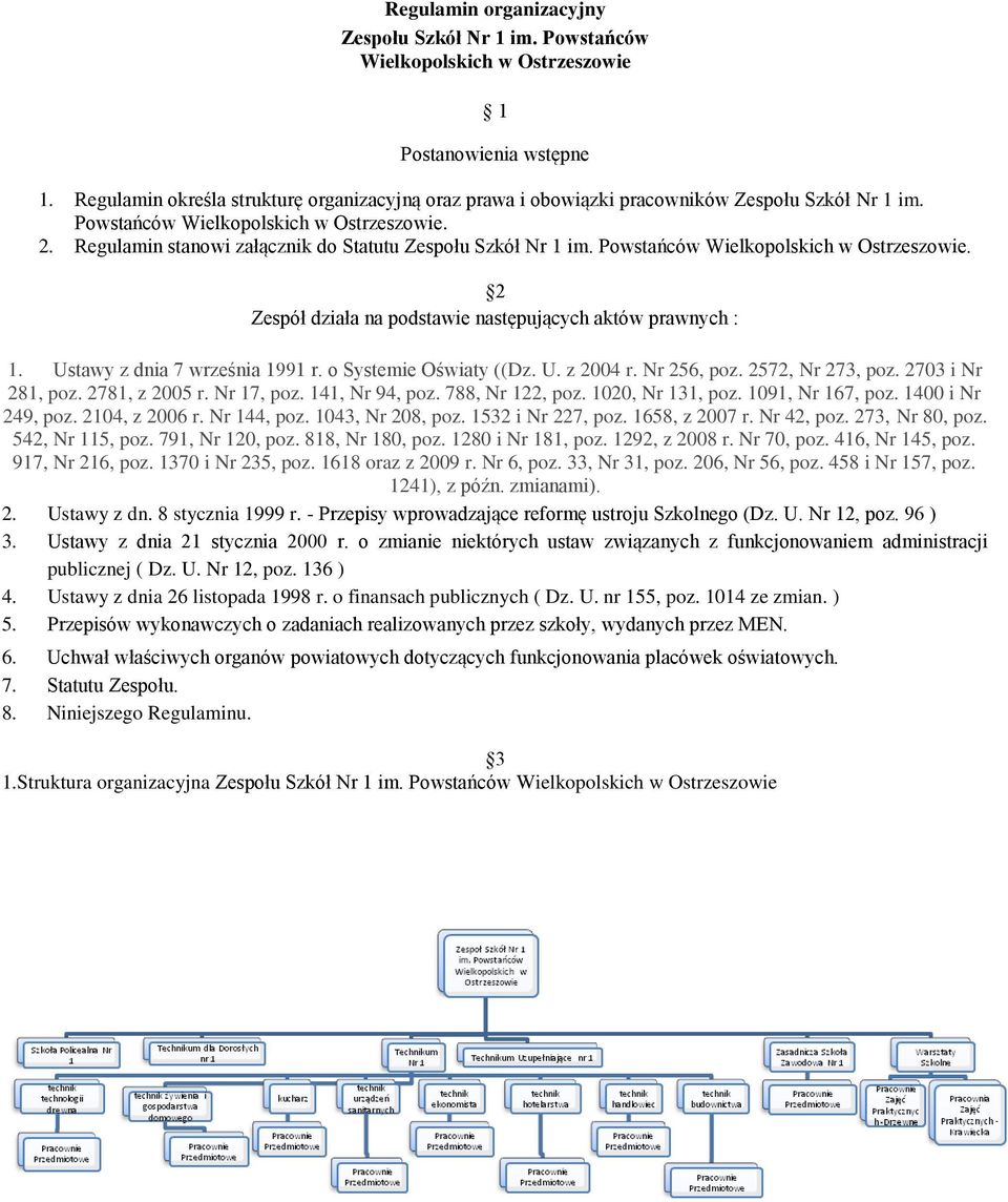 Regulamin stanowi załącznik do Statutu Zespołu Szkół Nr 1 im. Powstańców Wielkopolskich w Ostrzeszowie. 2 Zespół działa na podstawie następujących aktów prawnych : 1. Ustawy z dnia 7 września 1991 r.