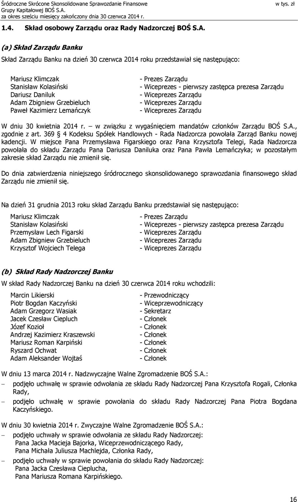 Lemańczyk - Prezes Zarządu - Wiceprezes - pierwszy zastępca prezesa Zarządu - Wiceprezes Zarządu - Wiceprezes Zarządu - Wiceprezes Zarządu W dniu 30 kwietnia 2014 r.