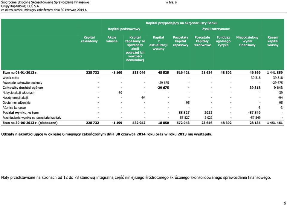 228 732-1 160 533 046 48 525 516 421 21 624 48 302 46 369 1 441 859 Wynik netto - - - - - - - 39 318 39 318 Pozostałe całkowite dochody - - - -29 675 - - - - -29 675 Całkowity dochód ogółem - - - -29