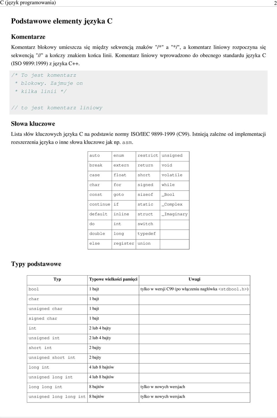 Zajmuje on * kilka linii */ // to jest komentarz liniowy Słowa kluczowe Lista słów kluczowych języka C na podstawie normy ISO/IEC 9899-1999 (C99).