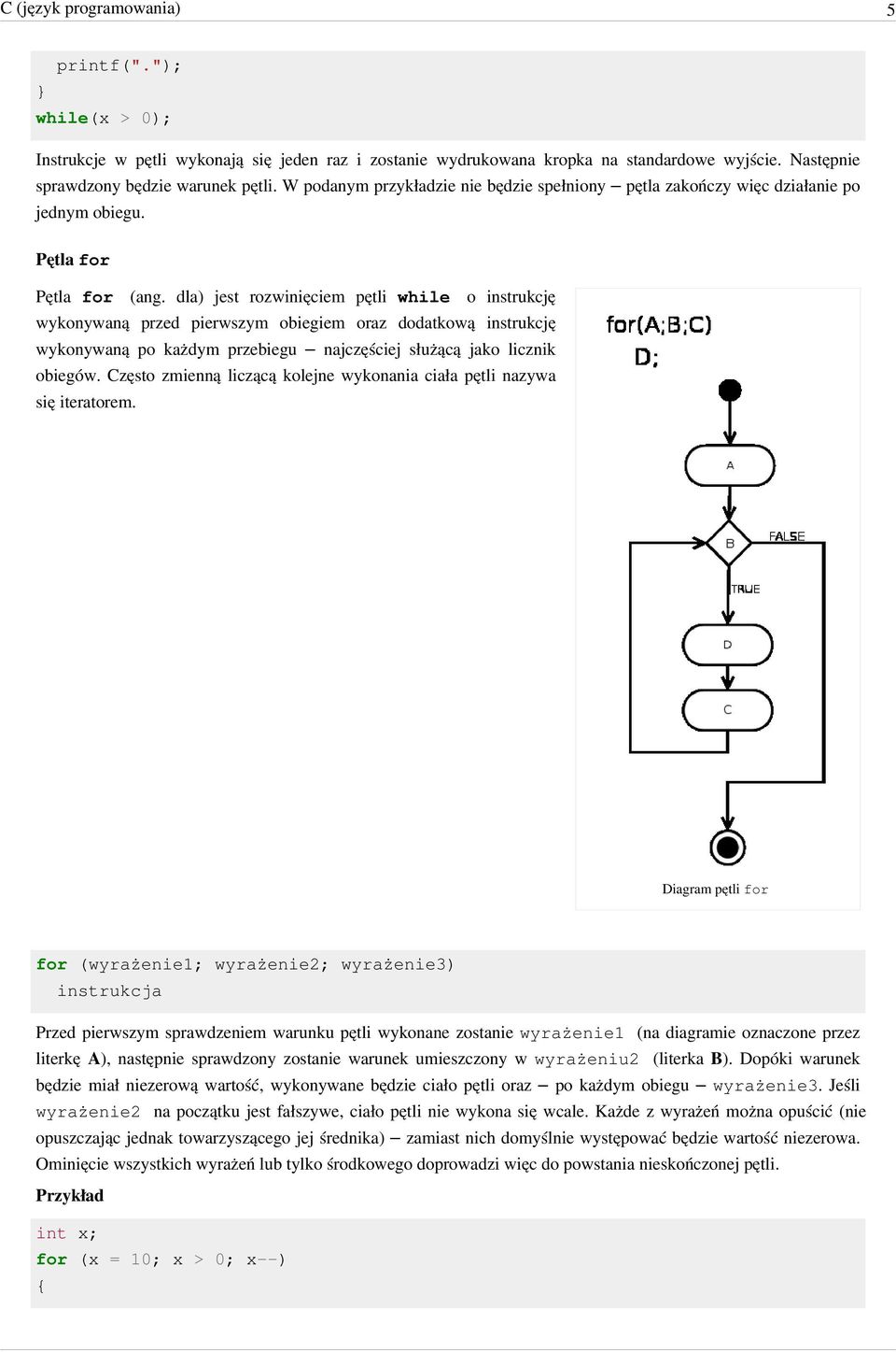 dla) jest rozwinięciem pętli while o instrukcję wykonywaną przed pierwszym obiegiem oraz dodatkową instrukcję wykonywaną po każdym przebiegu najczęściej służącą jako licznik obiegów.