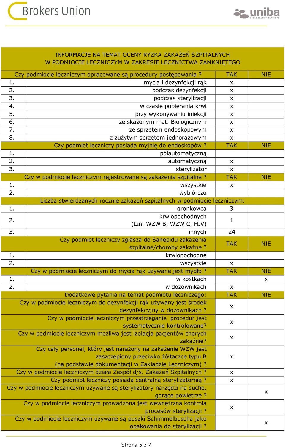 z zużytym sprzętem jednorazowym Czy podmiot leczniczy posiada myjnię do endoskopów? 1. półautomatyczną 2. automatyczną 3. sterylizator Czy w podmiocie leczniczym rejestrowane są zakażenia szpitalne?