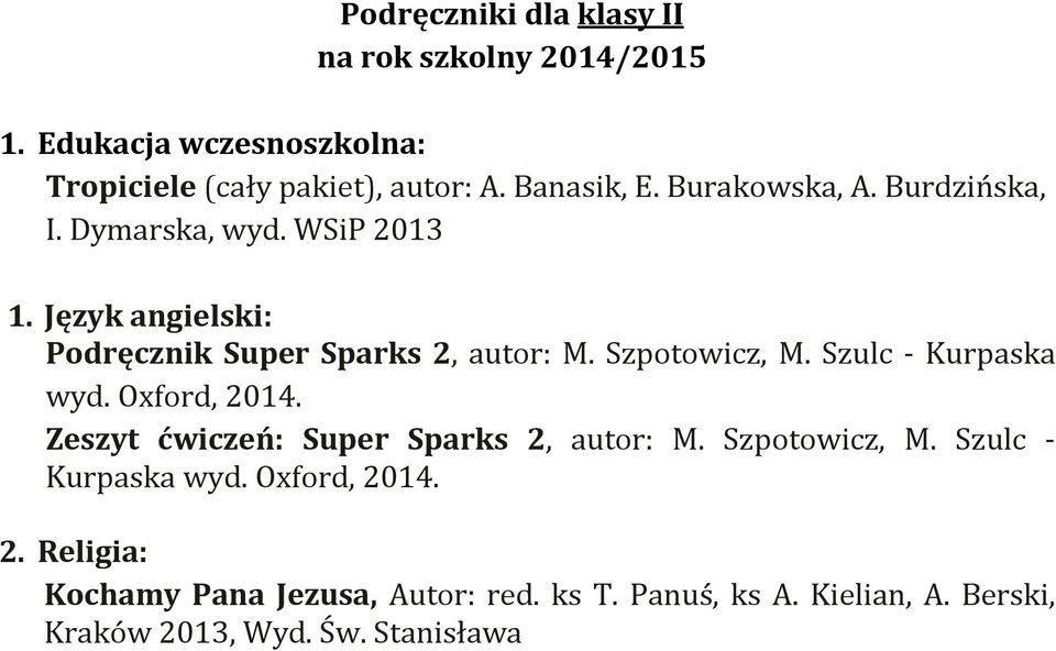 Szulc - Kurpaska wyd. Oxford, 2014. Zeszyt ćwiczeń: Super Sparks 2, autor: M. Szpotowicz, M. Szulc - Kurpaska wyd.