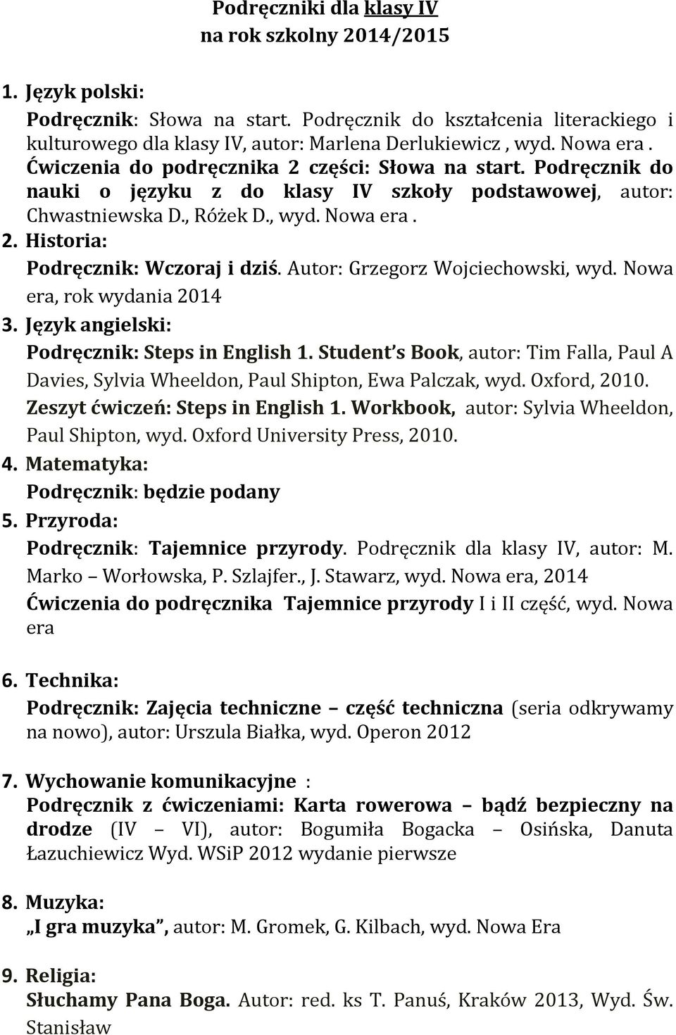 Autor: Grzegorz Wojciechowski, wyd. Nowa era, rok wydania 2014 3. Język angielski: Podręcznik: Steps in English 1.