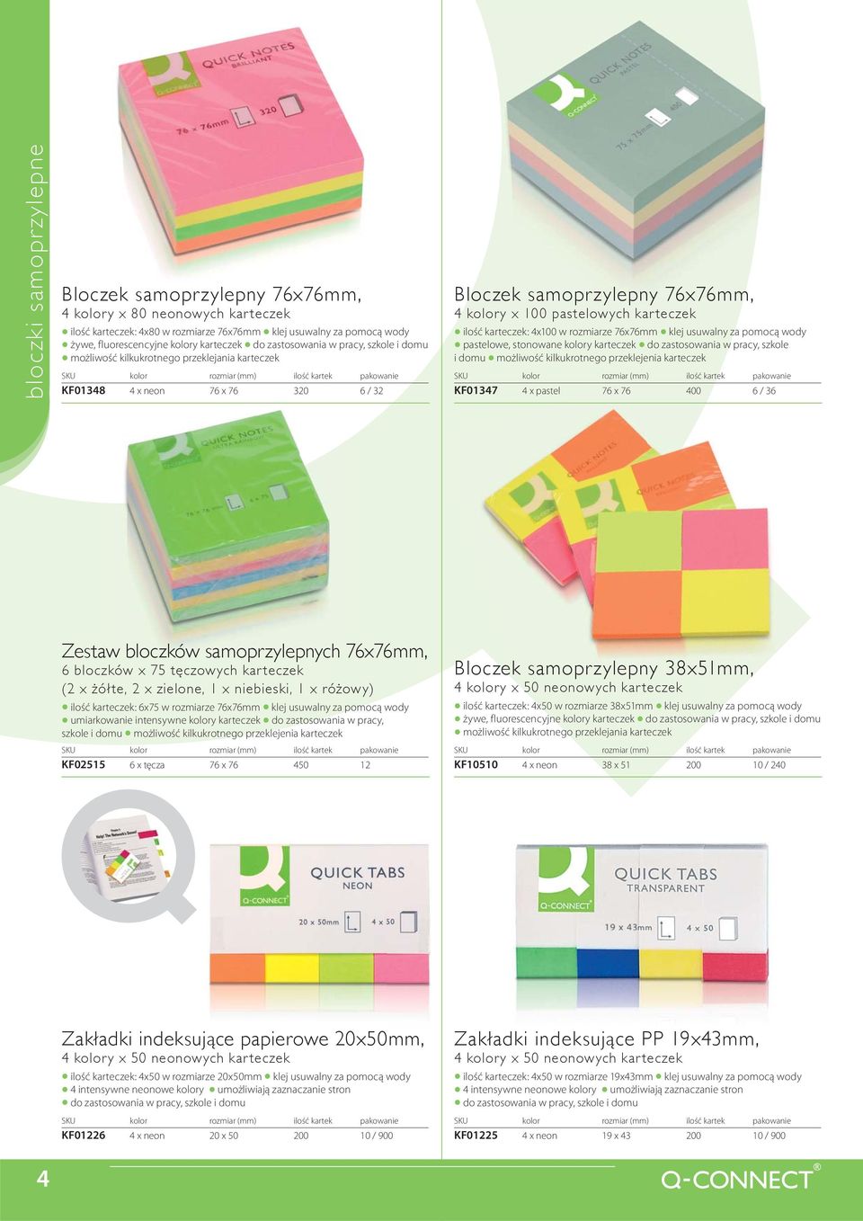 kolory x 100 pastelowych karteczek ilość karteczek: 4x100 w rozmiarze 76x76mm klej usuwalny za pomocą wody pastelowe, stonowane kolory karteczek do zastosowania w pracy, szkole i domu możliwość