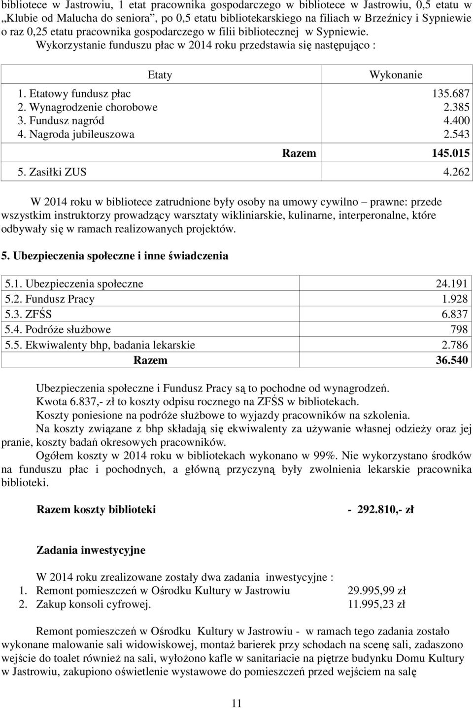 Fundusz nagród 4. Nagroda jubileuszowa Etaty Wykonanie 135.687 2.385 4.400 2.543 Razem 145.015 5. Zasiłki ZUS 4.