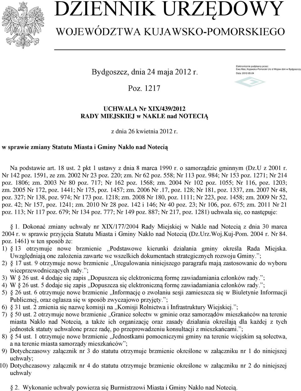 o samorządzie gminnym (Dz.U z 2001 r. Nr 142 poz. 1591, ze zm. 2002 Nr 23 poz. 220; zm. Nr 62 poz. 558; Nr 113 poz. 984; Nr 153 poz. 1271; Nr 214 poz. 1806; zm. 2003 Nr 80 poz. 717; Nr 162 poz.