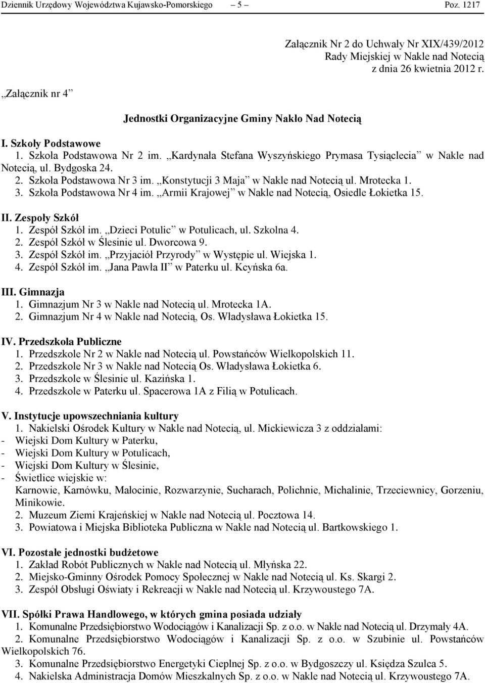 Kardynała Stefana Wyszyńskiego Prymasa Tysiąclecia w Nakle nad Notecią, ul. Bydgoska 24. 2. Szkoła Podstawowa Nr 3 im. Konstytucji 3 Maja w Nakle nad Notecią ul. Mrotecka 1. 3. Szkoła Podstawowa Nr 4 im.