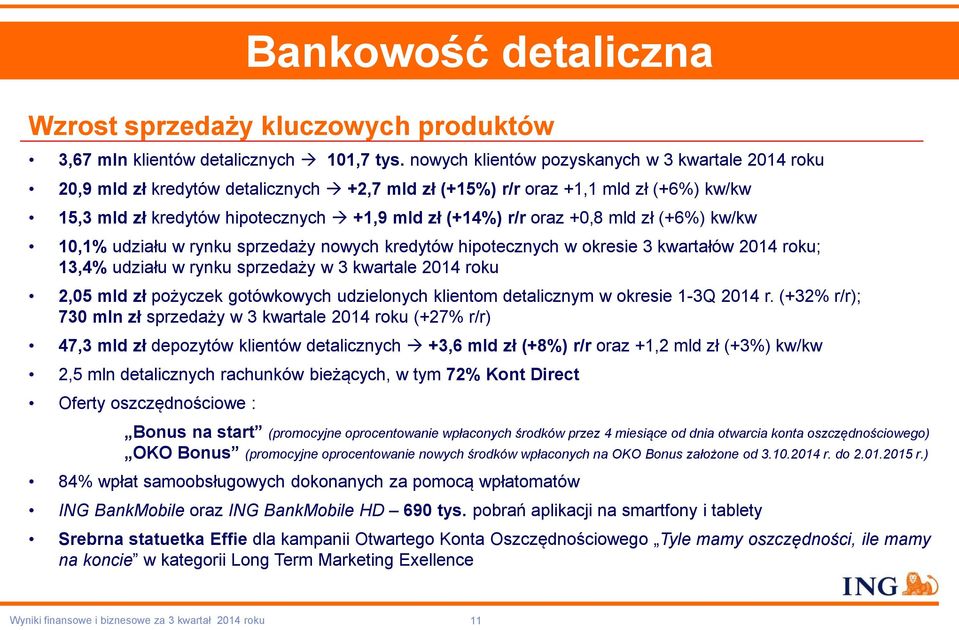 +0,8 mld zł (+6%) kw/kw 10,1% udziału w rynku sprzedaży nowych kredytów hipotecznych w okresie 3 kwartałów 2014 roku; 13,4% udziału w rynku sprzedaży w 3 kwartale 2014 roku 2,05 mld zł pożyczek