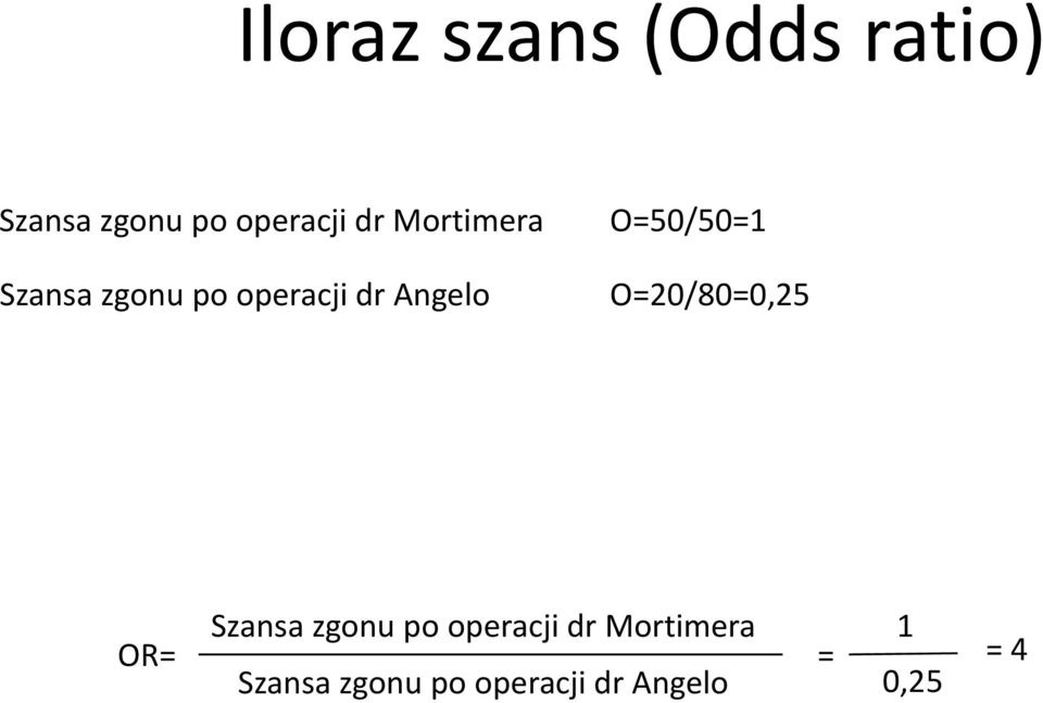 O=50/50=1 O=20/80=0,25 OR= Szansa zgonu po operacji 