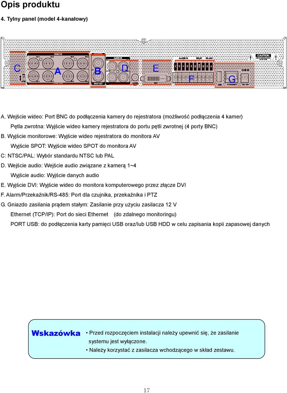 Wyjście monitorowe: Wyjście wideo rejestratora do monitora AV Wyjście SPOT: Wyjście wideo SPOT do monitora AV C: NTSC/PAL: Wybór standardu NTSC lub PAL D.