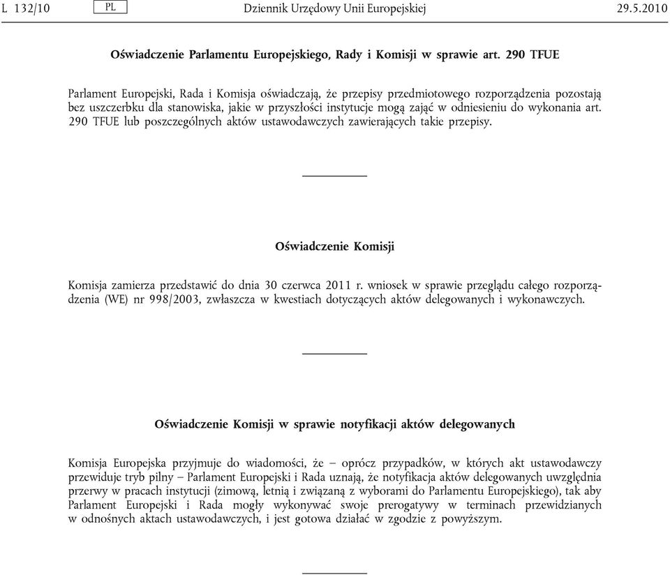 do wykonania art. 290 TFUE lub poszczególnych aktów ustawodawczych zawierających takie przepisy. Oświadczenie Komisji Komisja zamierza przedstawić do dnia 30 czerwca 2011 r.