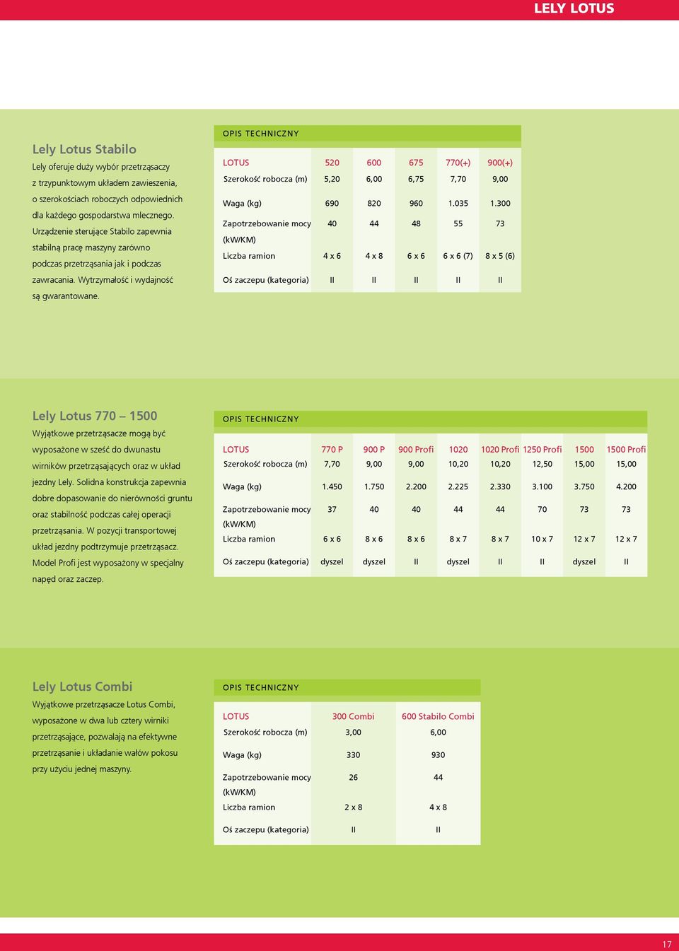 Opis Techniczny LOTUS 520 600 675 770(+) 900(+) Szerokość robocza (m) 5,20 6,00 6,75 7,70 9,00 Waga (kg) 690 820 960 1.035 1.