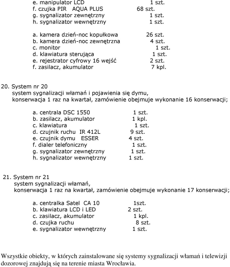 System nr 20 system sygnalizacji włamań i pojawienia się dymu, a. centrala DSC 1550 1 szt. b. zasilacz, akumulator 1 kpl. c. klawiatura 1 szt. d. czujnik ruchu IR 412L 9 szt. e.