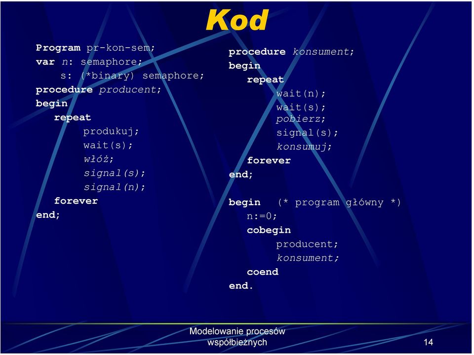 konsument; repeat wait(n); wait(s); pobierz; signal(s); konsumuj; forever (*