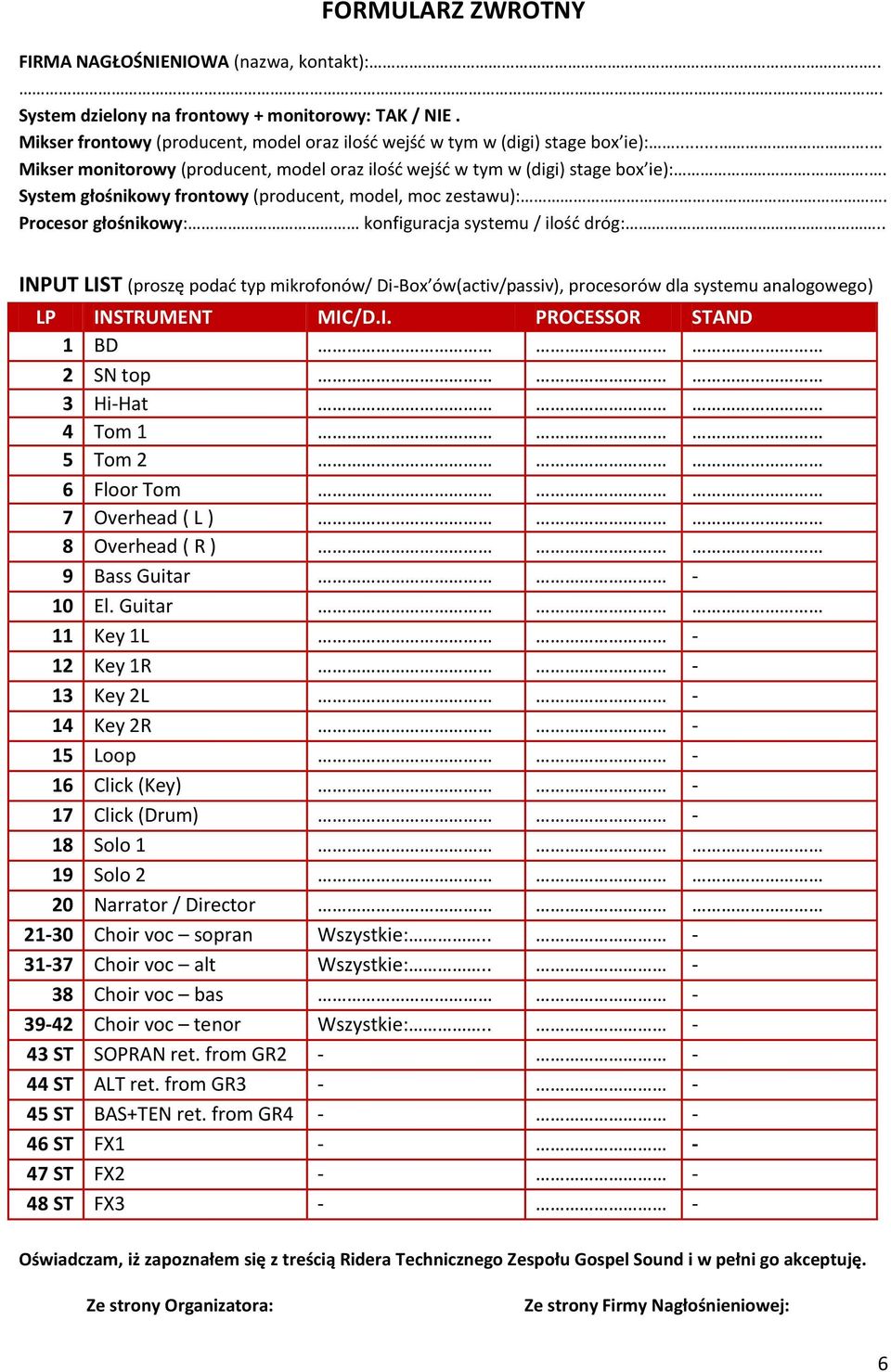 . Procesor głośnikowy: konfiguracja systemu / ilość dróg:.. INPUT LIST (proszę podać typ mikrofonów/ Di-Box ów(activ/passiv), procesorów dla systemu analogowego) LP INSTRUMENT MIC/D.I. PROCESSOR STAND 1 BD 2 SN top 3 Hi-Hat 4 Tom 1 5 Tom 2 6 Floor Tom 7 Overhead ( L ) 8 Overhead ( R ) 9 Bass Guitar - 10 El.
